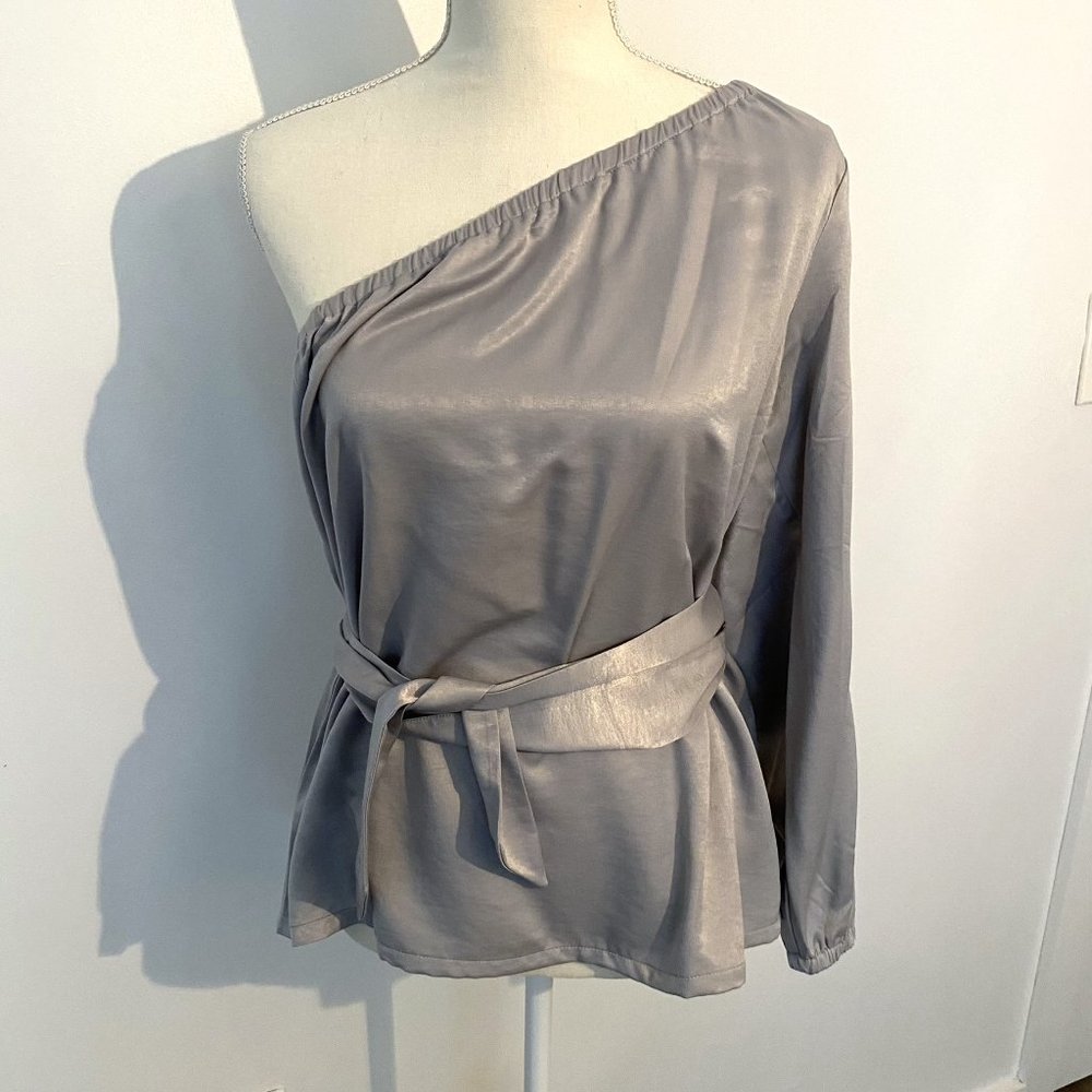NWT ANN TAYLOR FACTORY, Silver One Shoulder Long Sleeve Top Size M